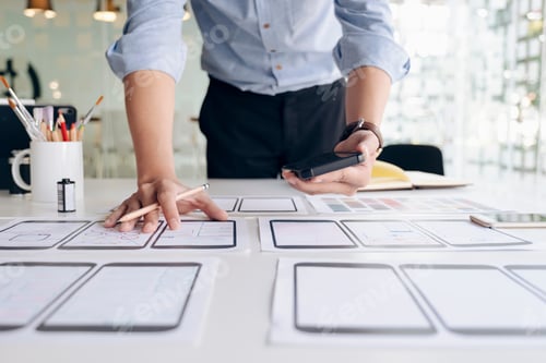 Preview: Web designer planning application for mobile phone.app design, technology and business concept.