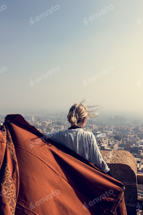 Preview: Western woman exploring Jaisalmer Fort, Rajasthan, India