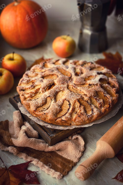 Preview: Homemade apple pie on a white background, top view, copy space