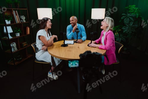 Preview: Group of three diverse hosts having a podcast discussion