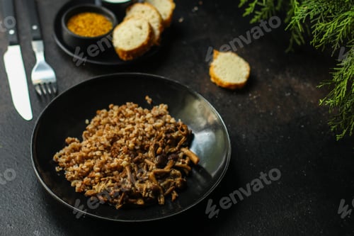 Preview: Buckwheat Porridge With Mushrooms. Food Background. Top View. Copy Space