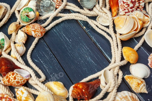 Preview: seashells on wooden background