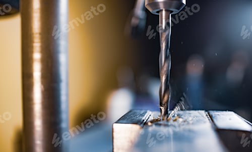 Preview: Drilling process with shavings close-up at the workplace in workshop