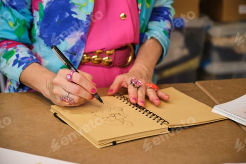 Preview: Unrecognizable seamstress with colorfull clothes drawing new layout.