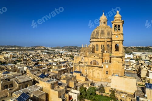 Preview: Aerial drone view of the Rotunda St. John Baptist Church in Xewkija, Gozo, Malta