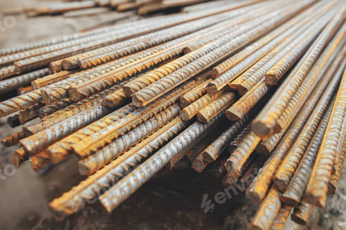 Preview: Reinforcement rods at construction site. Steel rebar close up. Rusty steel reinforcement bars
