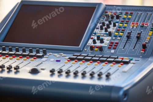 Preview: Professional audio mixer console detail. Sound equipment. Live event