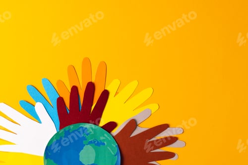 Preview: Earth Supported by Colorful Paper Hands on Yellow