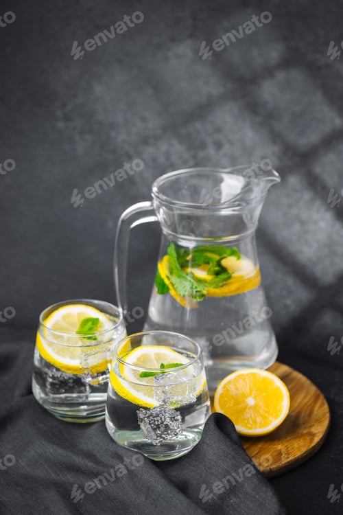 Preview: Cold lemonade with fresh lemon slices and mint leaves served in clear glass jug on dark summer table