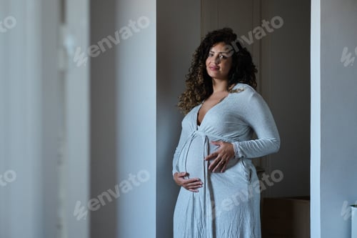Preview: Pregnant latino woman embracing new motherhood at home, looking at camera