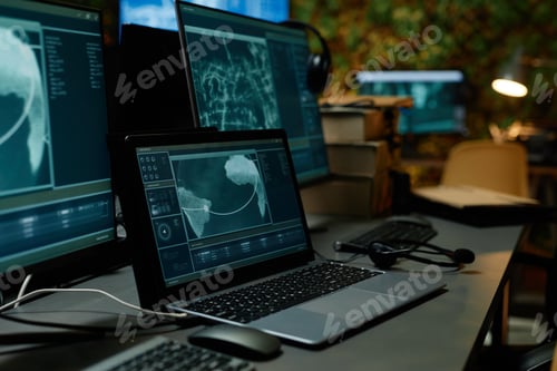 Vista previa: Ordenador portátil con datos secretos en la pantalla de pie en el lugar de trabajo del oficial