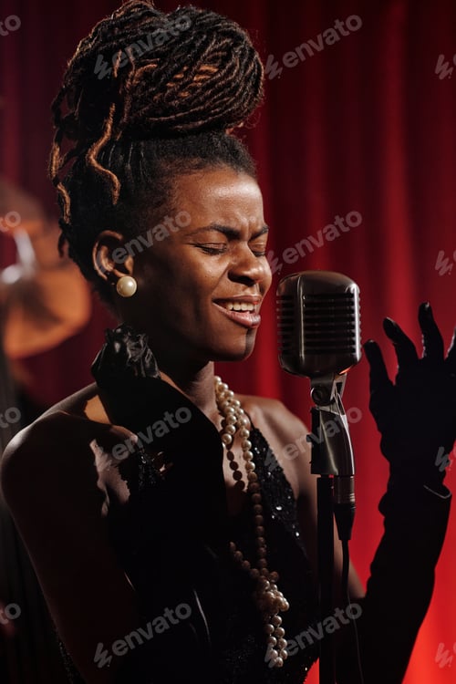 Preview: Black Woman Singing Jazz on Stage with Vintage Microphone