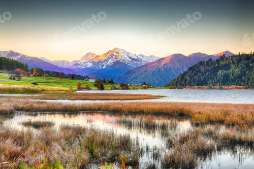 Preview: Splendid autumn panorama of Haidersee (Lago della Muta) lake with Ortler peak on backgroun