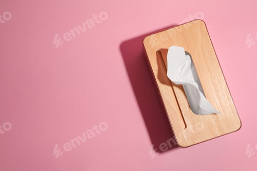 Preview: Holder with paper tissues on pink background, top view. Space for text
