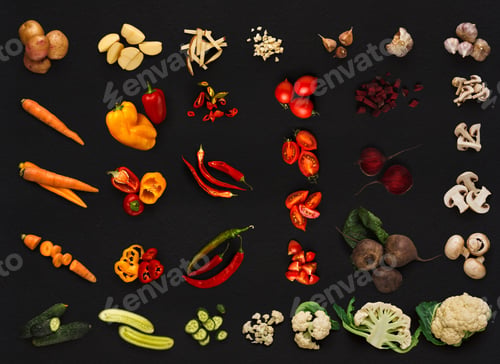 Preview: Collage of various vegetables on black background, isolated