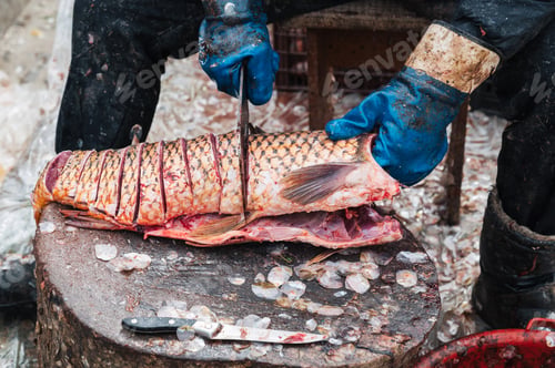 Preview: at the fish market, the seller cuts the sazan fish into small pieces