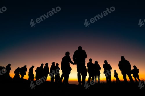 Preview: Silhouette crowd sunset horizon sky people silhouette crowd at sunset along bright horizon