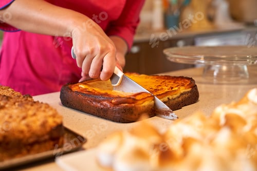 Preview: Crop person cutting freshly baked pie