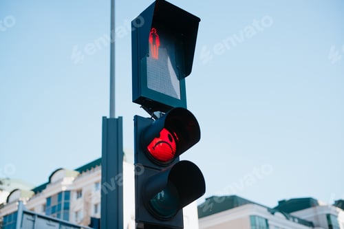 Preview: Glowing red pedestrian traffic light. Stop symbols