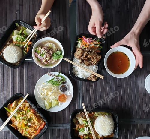 Preview: Overhead shot Asian food dishes