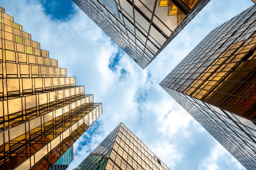 Preview: Golden tall buildings and glass reflections in Hong Kong Island Business concepts
