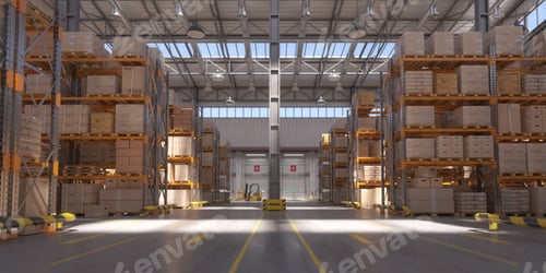 Preview: Retail warehouse full of shelves with cardboard boxes and packages