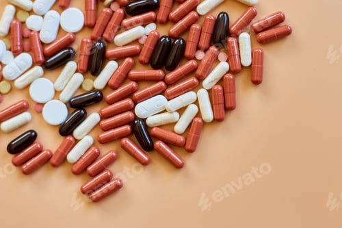 Preview: Flat lay different colorful Medical pills on orange background