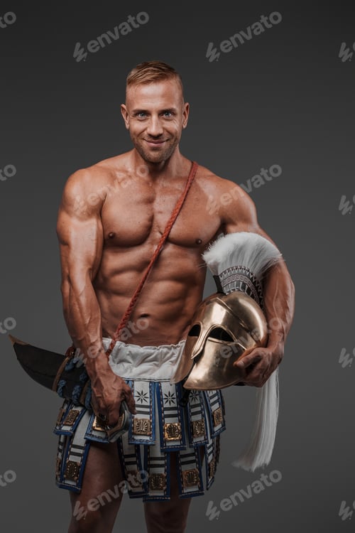 Preview: A muscular and attractive male model dressed in ancient drapes