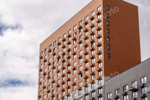 Preview: New buildings in Moscow, high-rise bright creative house and against the sky