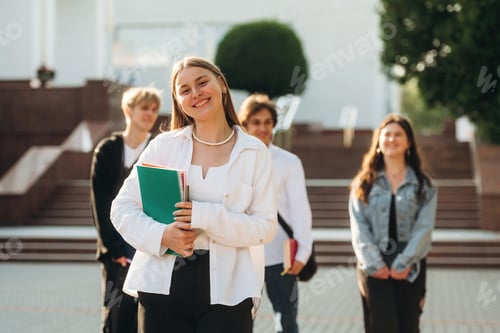 Preview: Toothy smile, standing. Group of students are near university together