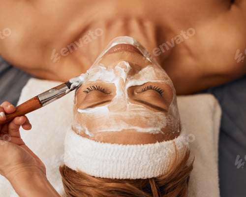 Preview: Woman, beauty and spa face mask for wellness therapy, clean skincare and relax in healing salon. Th