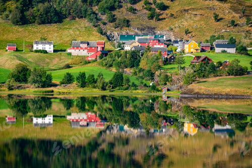 Preview: Beautiful Norwegian Houses reflection in Granvinsvatnet lake Norway, Scandinavia, Europe