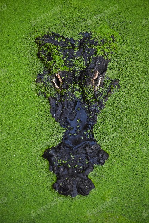 Preview: Close up portrait of crocodile in green duckweed
