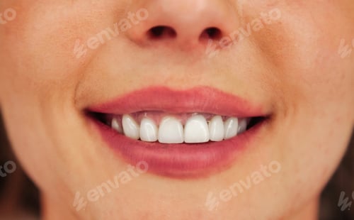 Preview: Close-up of a beautiful smile of a young woman with white healthy teeth