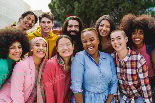 Preview: Multiethnic diverse group of people having fun outdoor - Diversity lifestyle concept