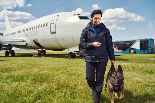 Preview: Female security officer with dog walking down airfield