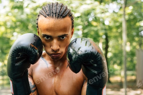 Preview: Close up portrait of a sweated kickboxer with gloves and mouth guard looking at the camera