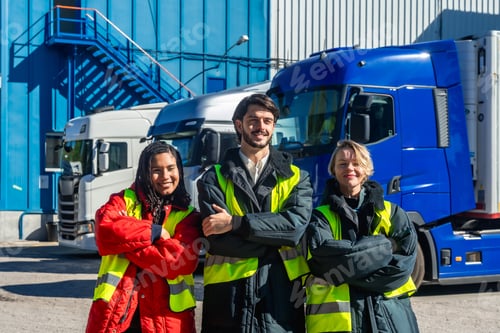 Preview: Diverse cold storage logistics team standing by trucks
