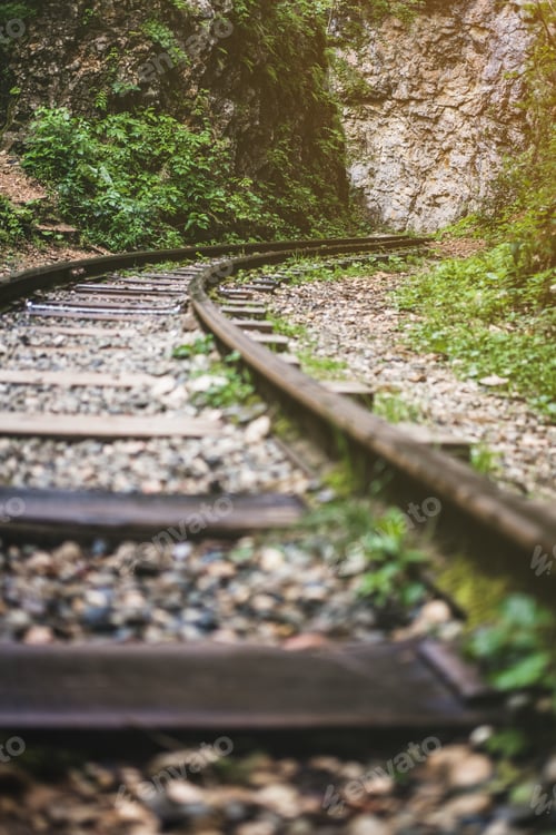Preview: Empty train railroad in the middle of forest and rocks