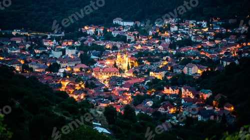 Preview: Aerial drone view of the Saint Nicholas Church in Brasov at night, Romania