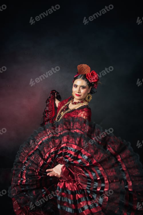 Preview: A woman in a red and black dress is dancing with a fan