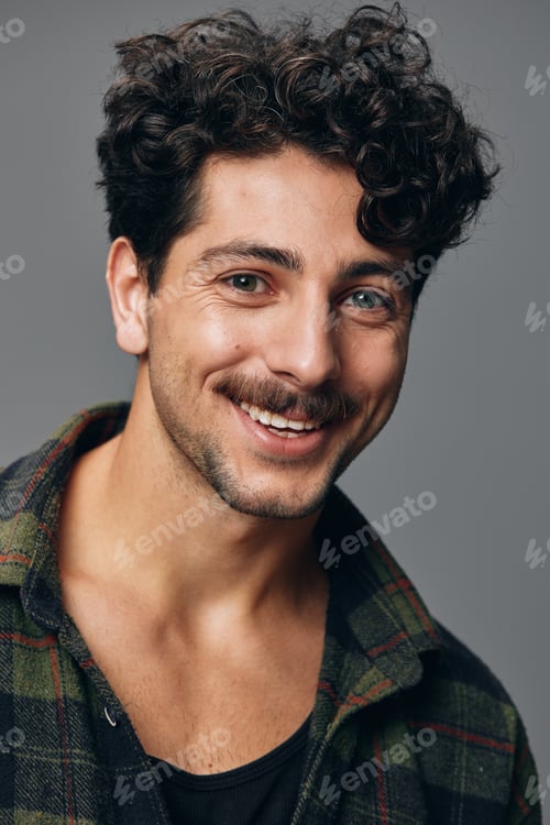 Preview: Handsome man one shirt portrait smile face hipster trendy positive copyspace fashion standing