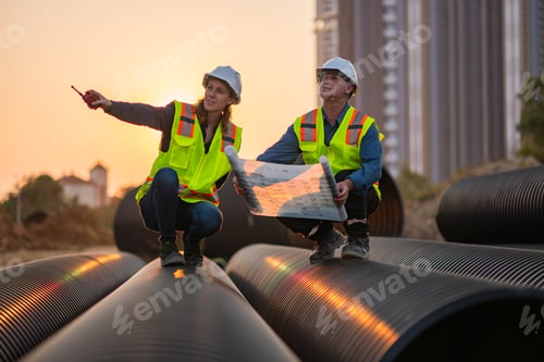 Preview: Construction surveyor or engineer working in pipe construction site inspection