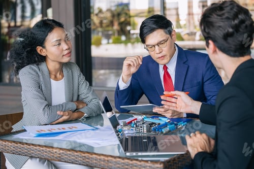 Preview: Computer hardware engineer team meeting with boss. PCB designer discussion with marketing team