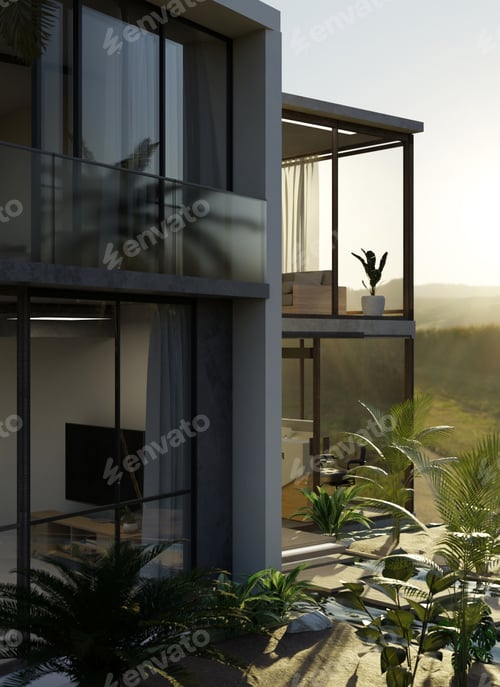 Preview: Modern loft home building exterior design with large glass wall, tropical trees and outdoor garden.