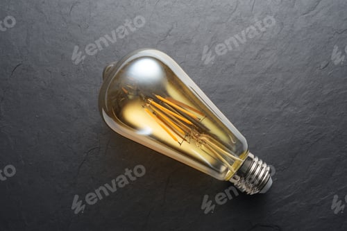 Preview: Transparent LED filament light bulb on black slate background.