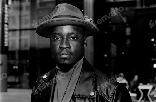 Preview: Dramatic portrait shot with flash of a man with a hat in black and white version.