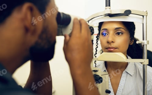 Preview: Woman, optometrist and eye exam with vision and laser machine, health and vision with optometry and