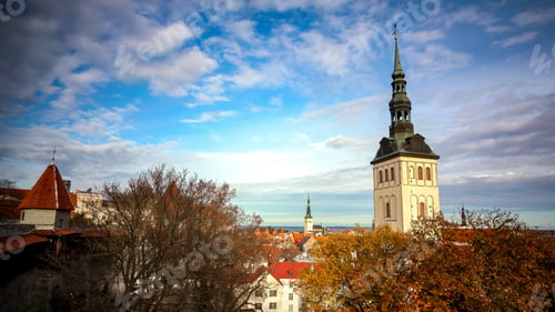 Preview: Autumn panorama of Tallinn from the fortress wall. View of the Church tower, autumn the fortress
