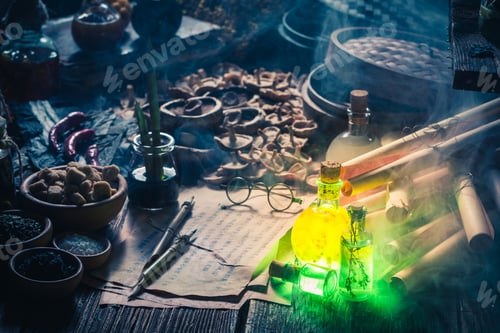 Preview: Closeup of old scrolls and recipe in magical laboratory